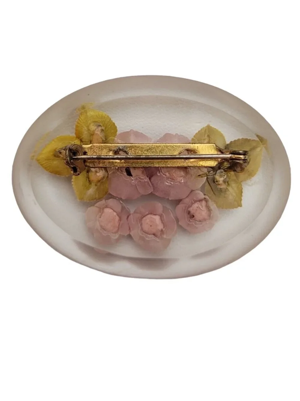 Vintage Clear Lucite Resin Reversed Carved Pink Rose Flower Oval Brooch Pin E269